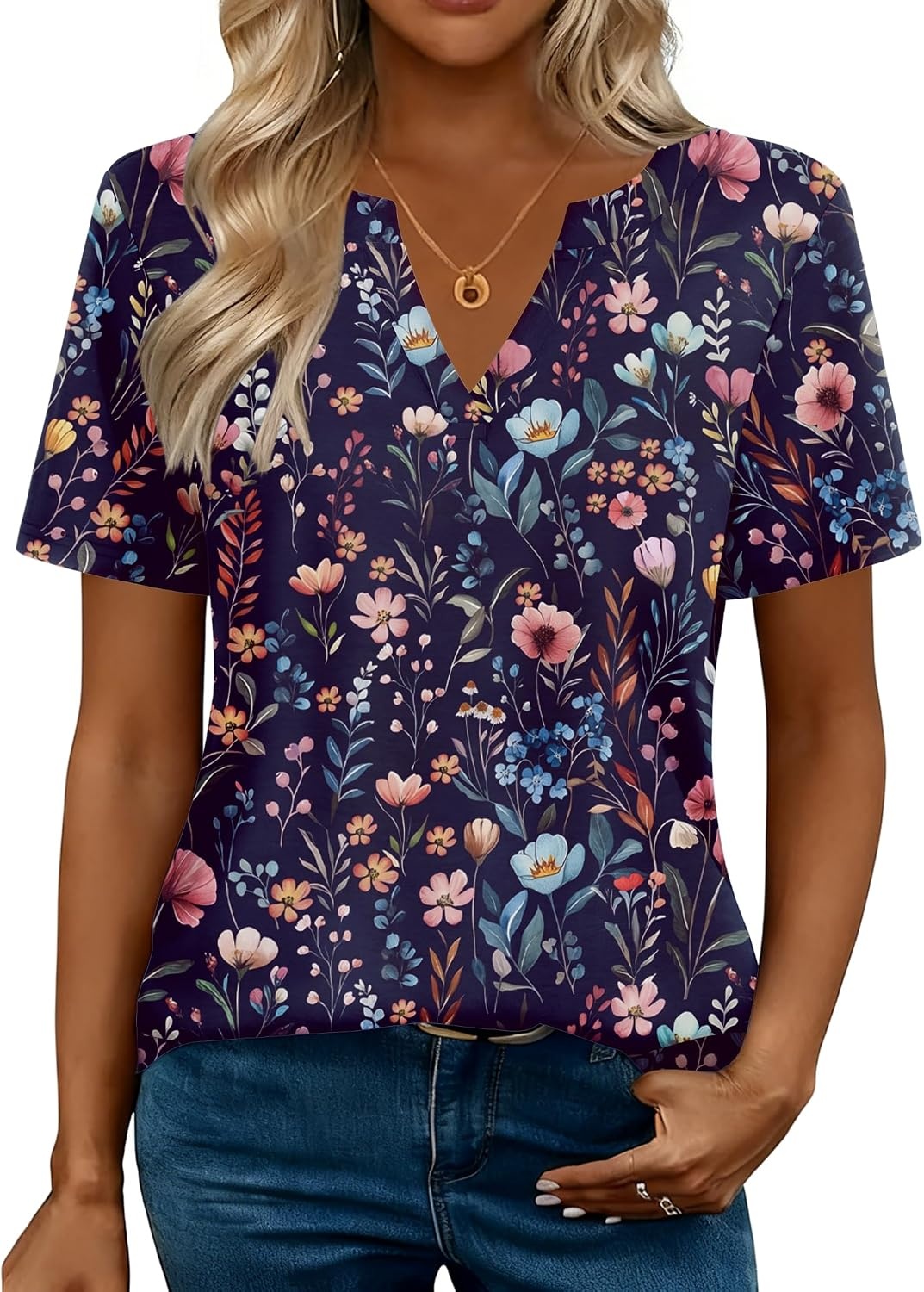 image:imageZeagoo Womens Tops Short Sleeve V Neck Tee Shirts Cute Dressy CasualBlue Flower Wf184