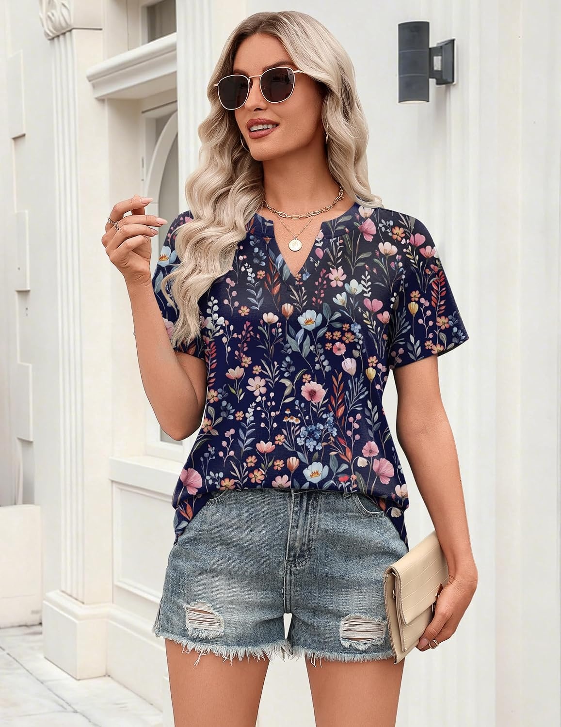 image:imageZeagoo Womens Tops Short Sleeve V Neck Tee Shirts Cute Dressy CasualBlue Flower Wf184