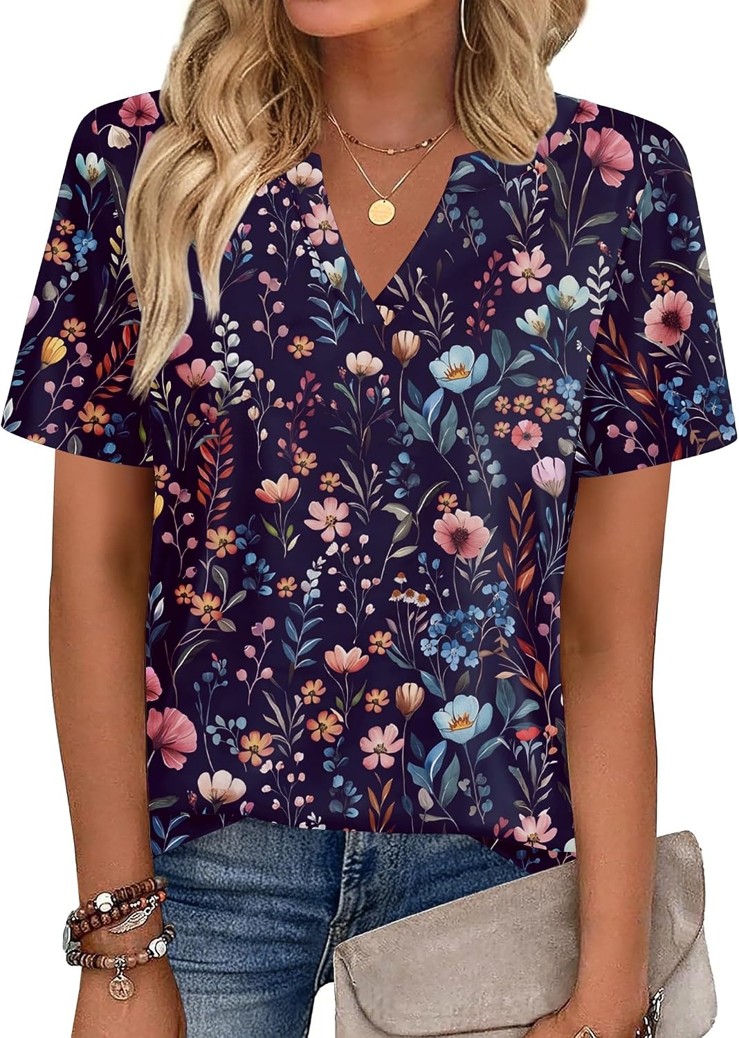 image:imageZeagoo Womens Tops Short Sleeve V Neck Tee Shirts Cute Dressy CasualBlue Flower Wf184