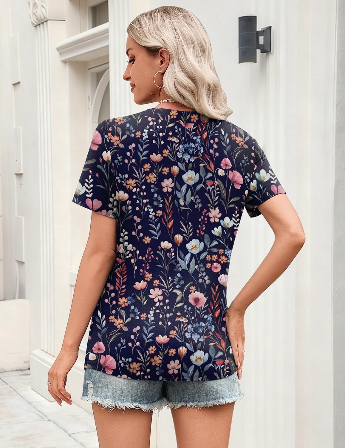 image:imageZeagoo Womens Tops Short Sleeve V Neck Tee Shirts Cute Dressy CasualBlue Flower Wf184
