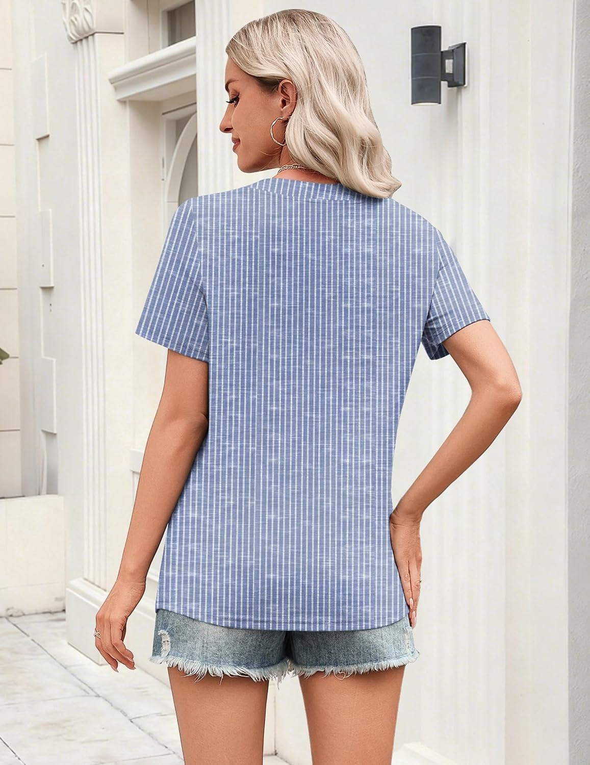 image:imageZeagoo Womens Tops Short Sleeve V Neck Tee Shirts Cute Dressy CasualBlue and White Stripes Tz273