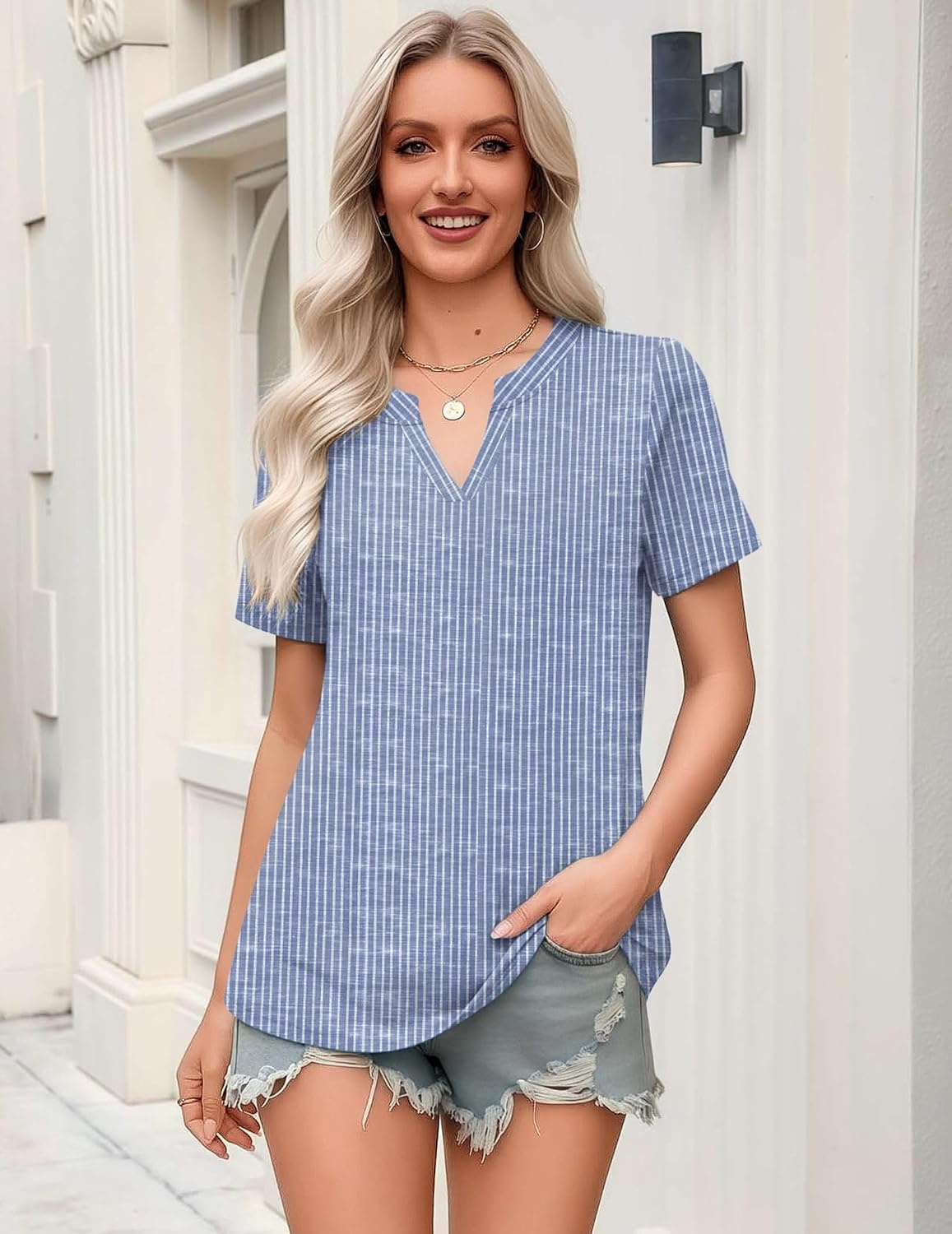 image:imageZeagoo Womens Tops Short Sleeve V Neck Tee Shirts Cute Dressy CasualBlue and White Stripes Tz273