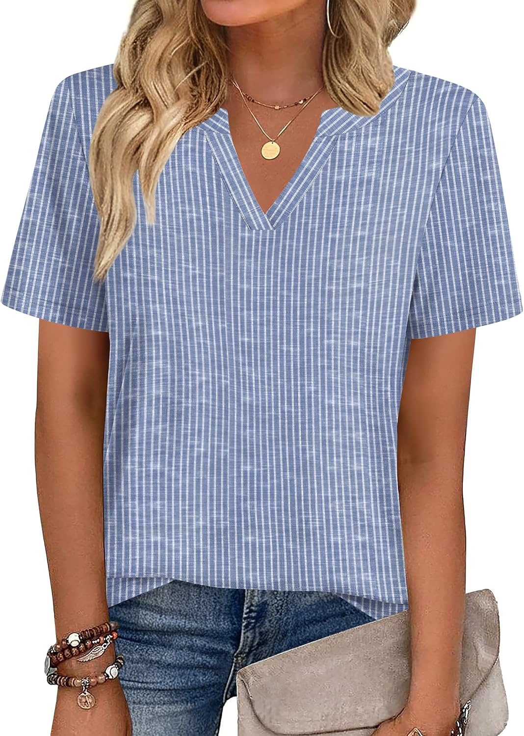 image:imageZeagoo Womens Tops Short Sleeve V Neck Tee Shirts Cute Dressy CasualBlue and White Stripes Tz273