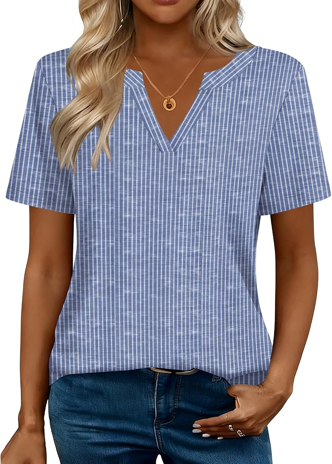 image:imageZeagoo Womens Tops Short Sleeve V Neck Tee Shirts Cute Dressy CasualBlue and White Stripes Tz273