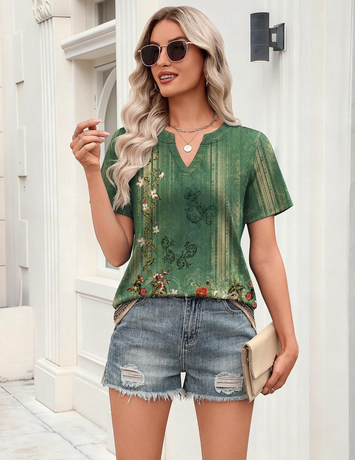 image:imageZeagoo Womens Tops Short Sleeve V Neck Tee Shirts Cute Dressy CasualBoho Green Mz839