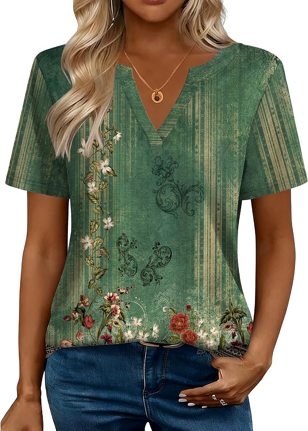 image:imageZeagoo Womens Tops Short Sleeve V Neck Tee Shirts Cute Dressy CasualBoho Green Mz839