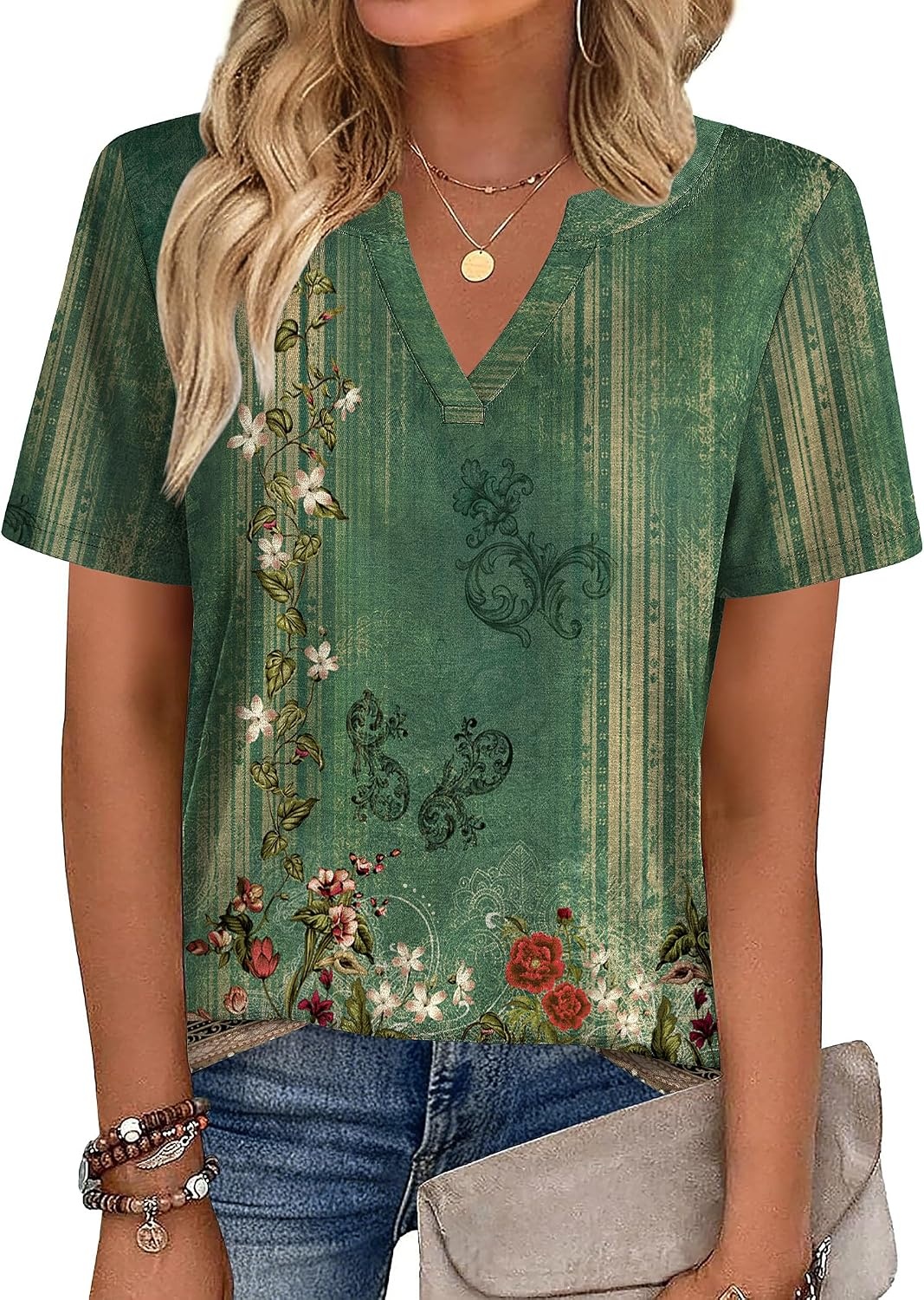 image:imageZeagoo Womens Tops Short Sleeve V Neck Tee Shirts Cute Dressy CasualBoho Green Mz839
