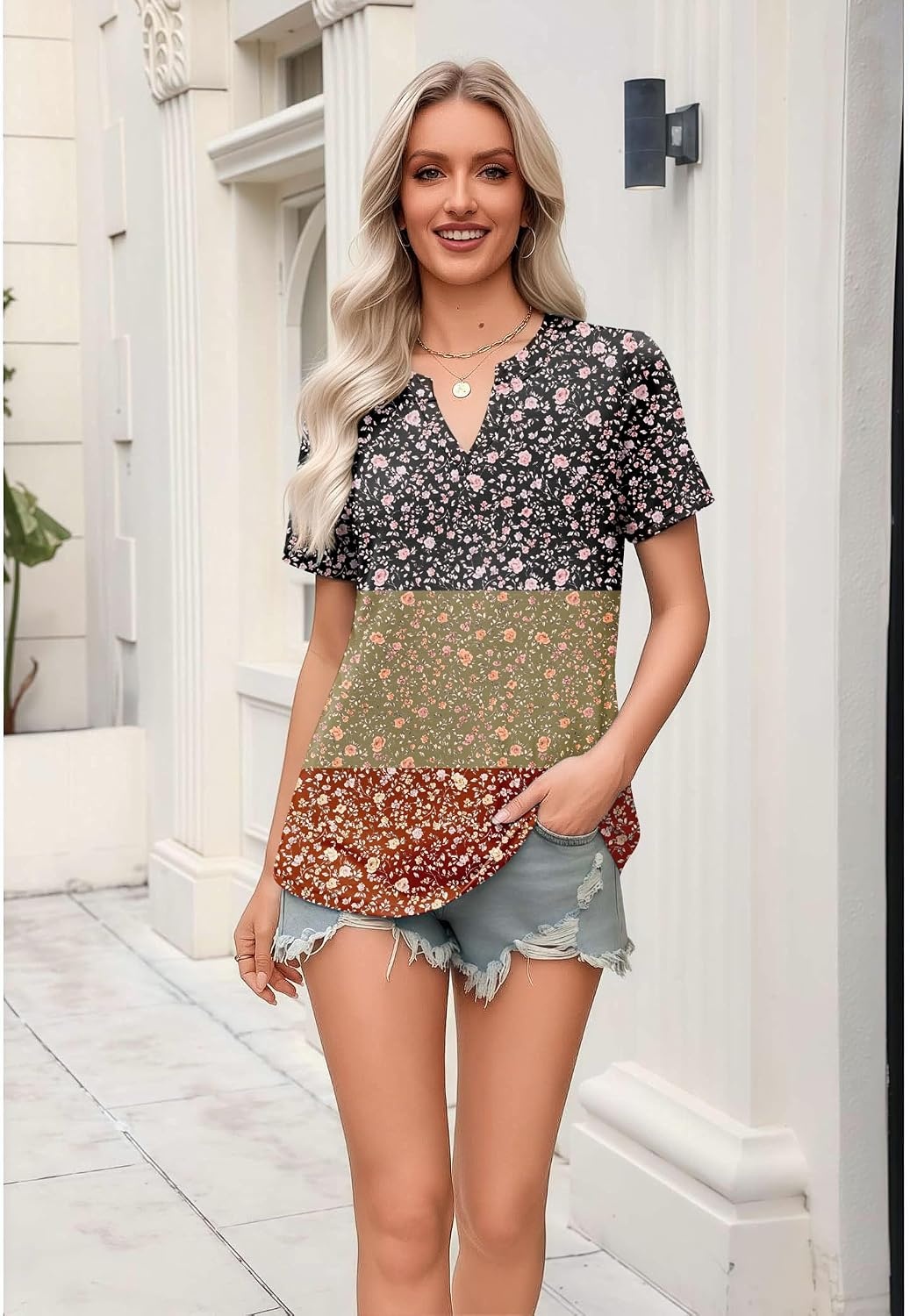 image:imageZeagoo Womens Tops Short Sleeve V Neck Tee Shirts Cute Dressy CasualColorful Flowers Xh553