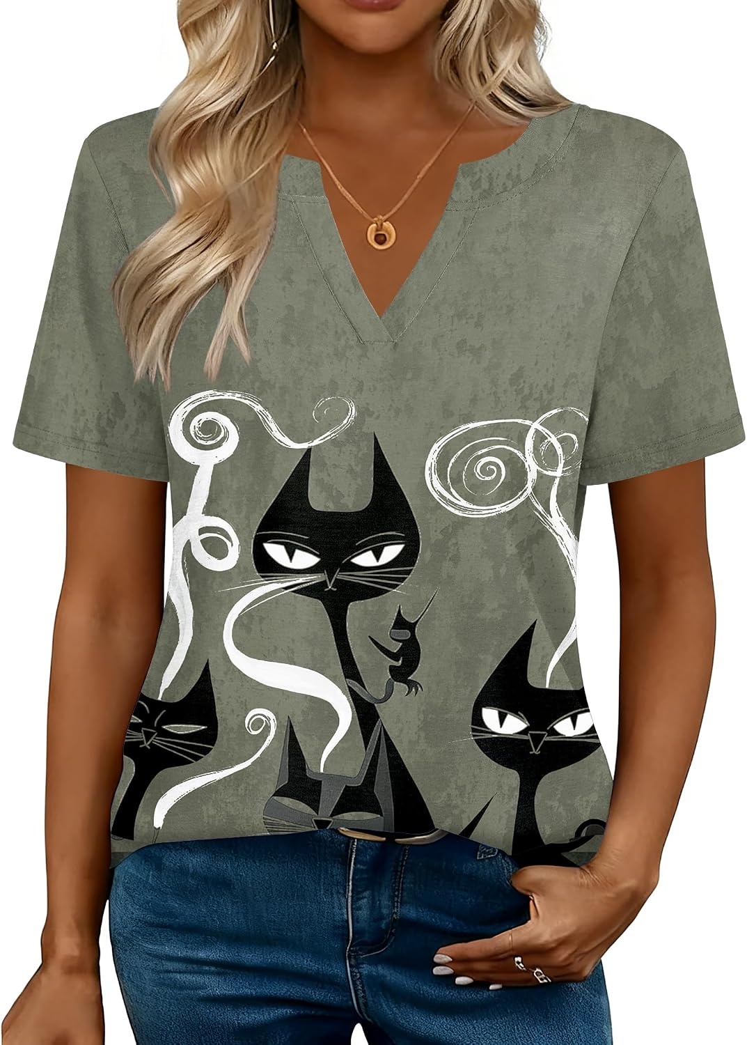 image:imageZeagoo Womens Tops Short Sleeve V Neck Tee Shirts Cute Dressy CasualGray Cat Dw176
