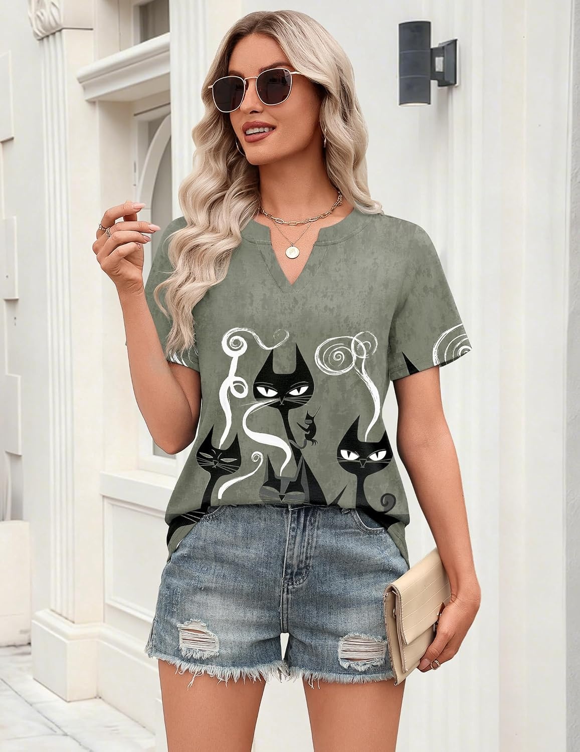 image:imageZeagoo Womens Tops Short Sleeve V Neck Tee Shirts Cute Dressy CasualGray Cat Dw176