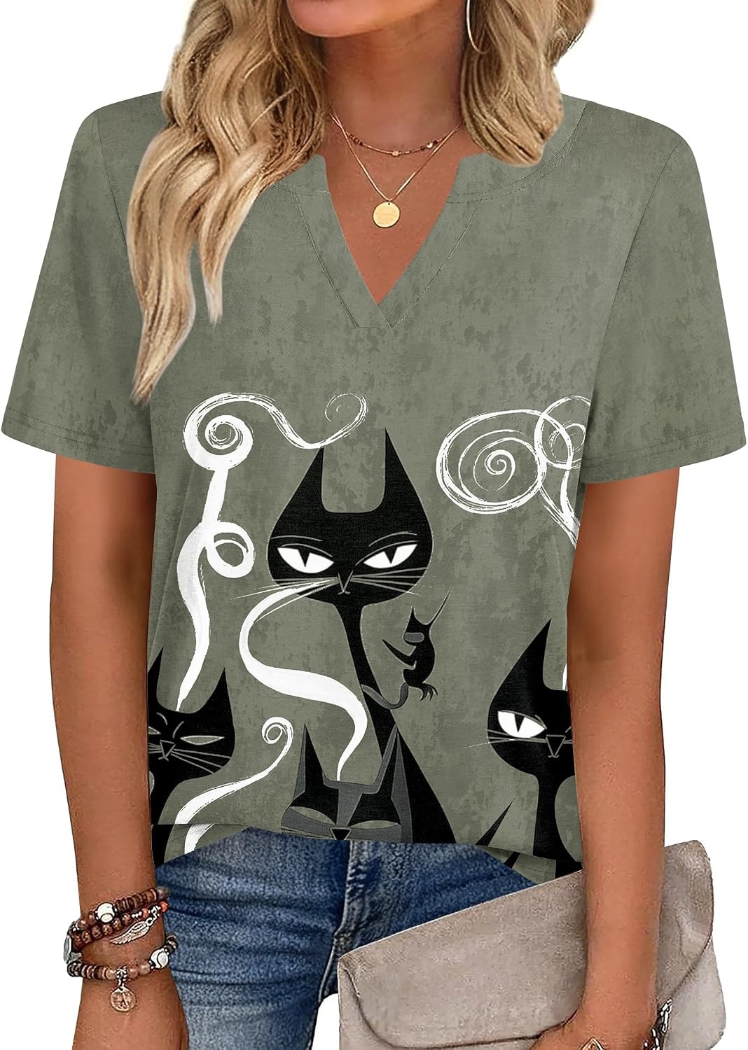 image:imageZeagoo Womens Tops Short Sleeve V Neck Tee Shirts Cute Dressy CasualGray Cat Dw176