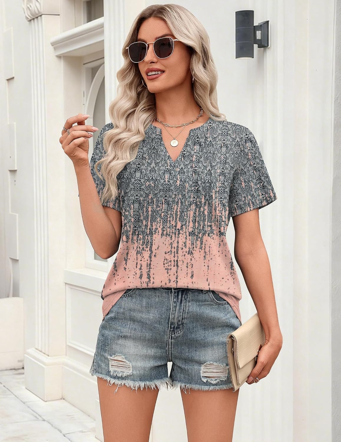image:imageZeagoo Womens Tops Short Sleeve V Neck Tee Shirts Cute Dressy CasualGray Print