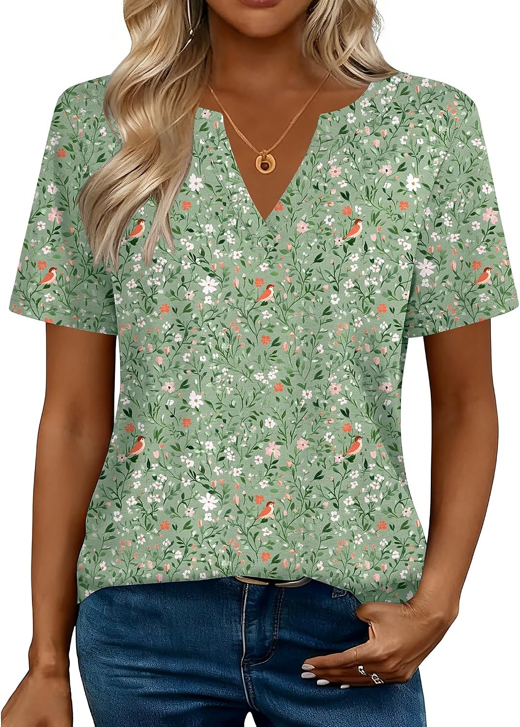 image:imageZeagoo Womens Tops Short Sleeve V Neck Tee Shirts Cute Dressy CasualGreen Flowers Xh534