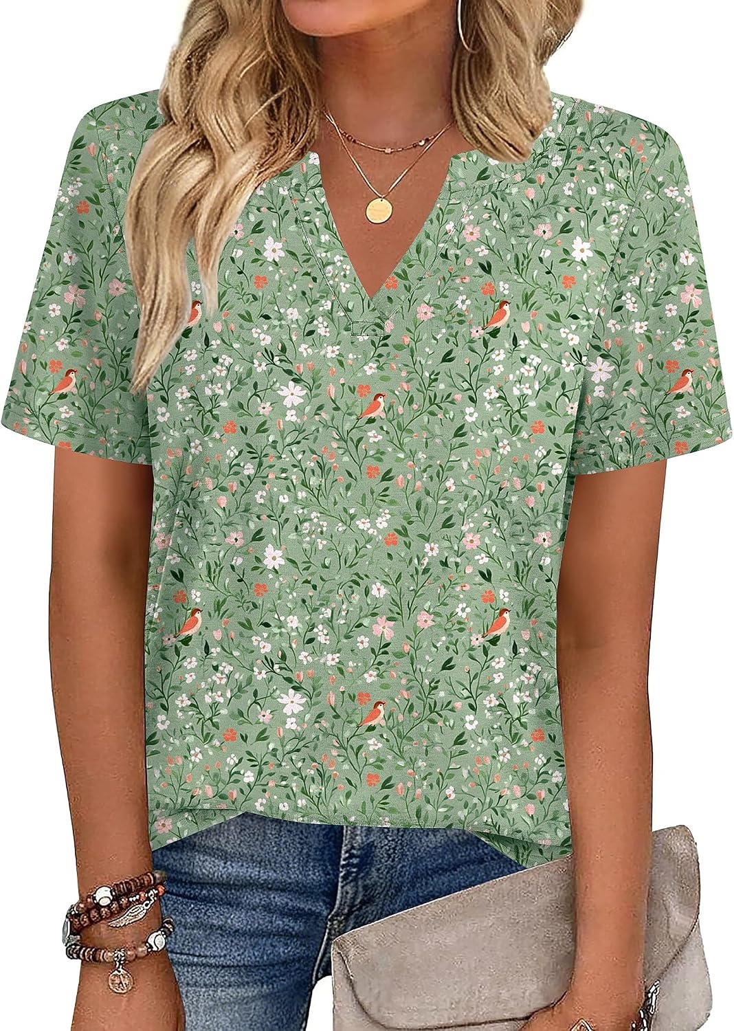 image:imageZeagoo Womens Tops Short Sleeve V Neck Tee Shirts Cute Dressy CasualGreen Flowers Xh534