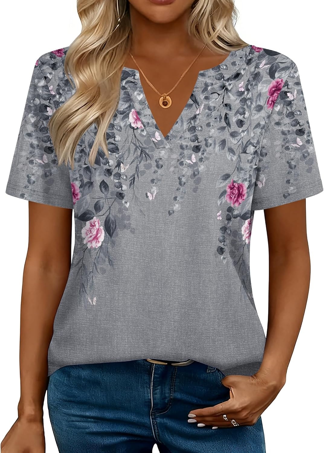 image:imageZeagoo Womens Tops Short Sleeve V Neck Tee Shirts Cute Dressy CasualGrey Flower Hf36