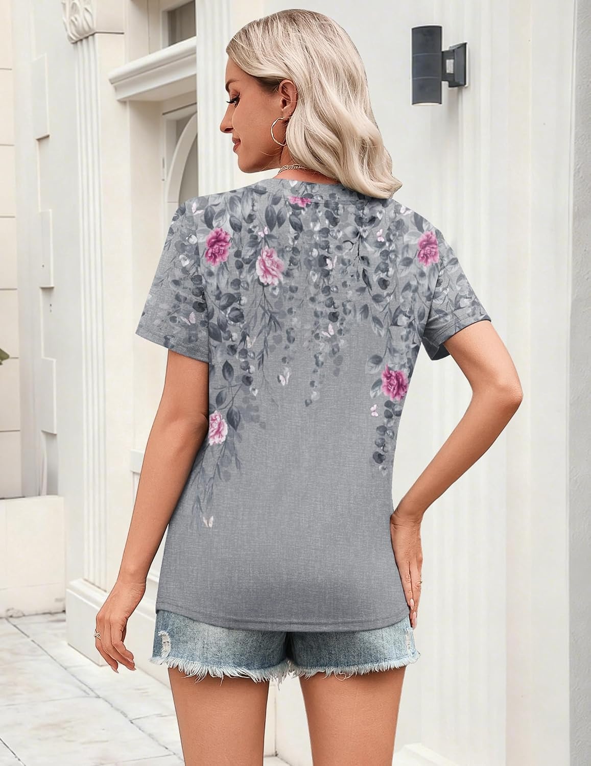 image:imageZeagoo Womens Tops Short Sleeve V Neck Tee Shirts Cute Dressy CasualGrey Flower Hf36