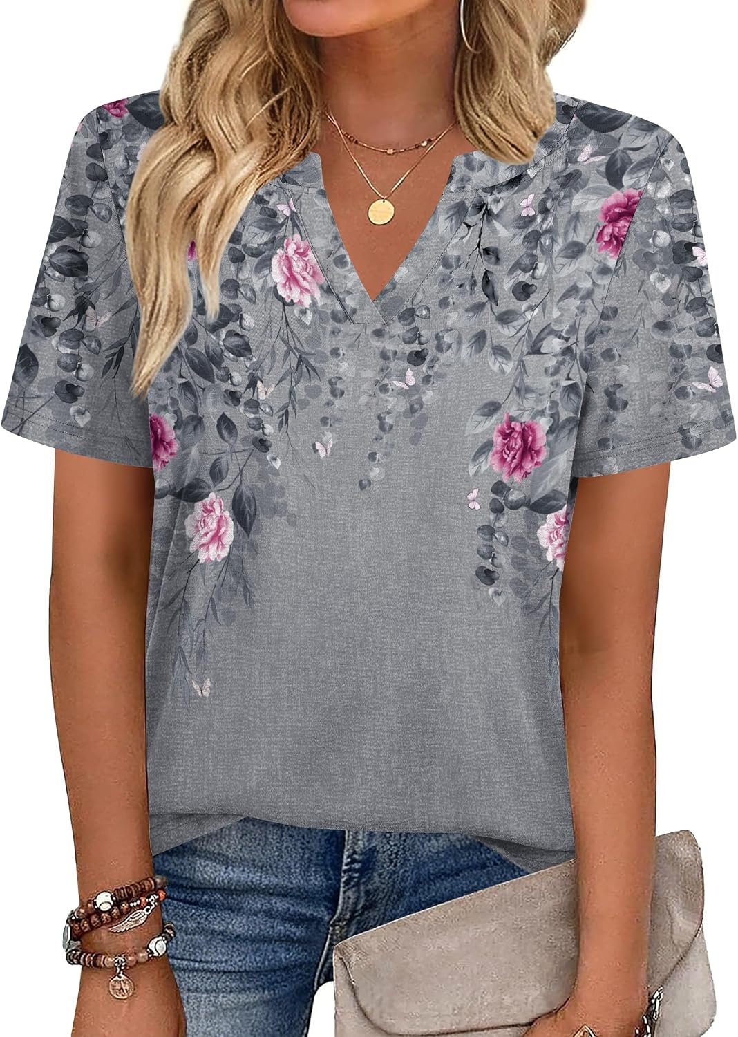 image:imageZeagoo Womens Tops Short Sleeve V Neck Tee Shirts Cute Dressy CasualGrey Flower Hf36