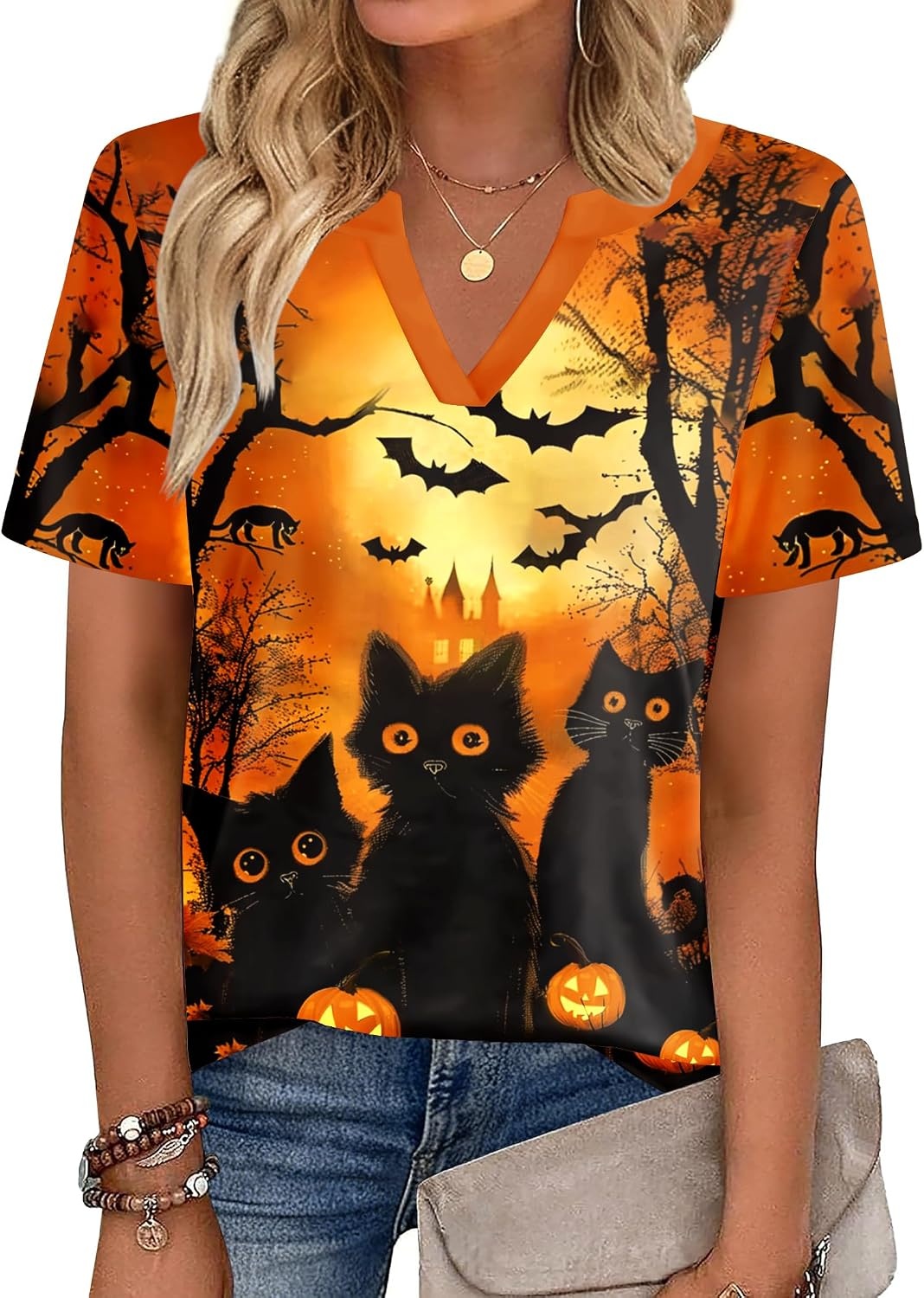 image:imageZeagoo Womens Tops Short Sleeve V Neck Tee Shirts Cute Dressy CasualHalloween Orange Cat Ws88