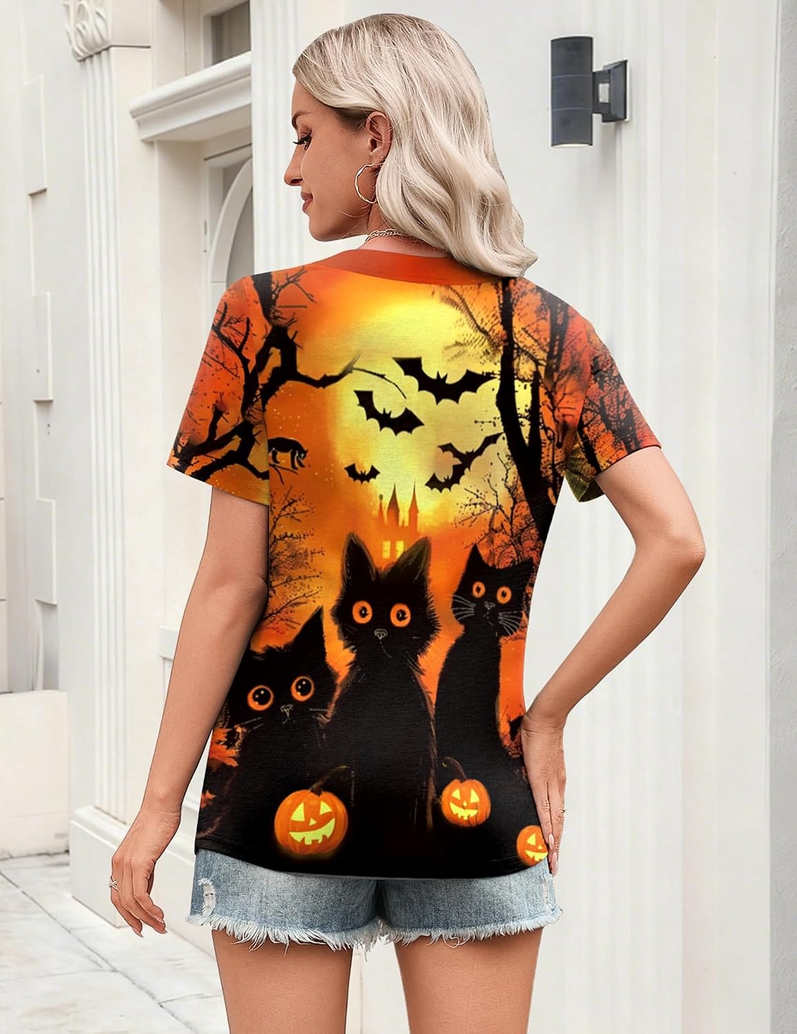 image:imageZeagoo Womens Tops Short Sleeve V Neck Tee Shirts Cute Dressy CasualHalloween Orange Cat Ws88