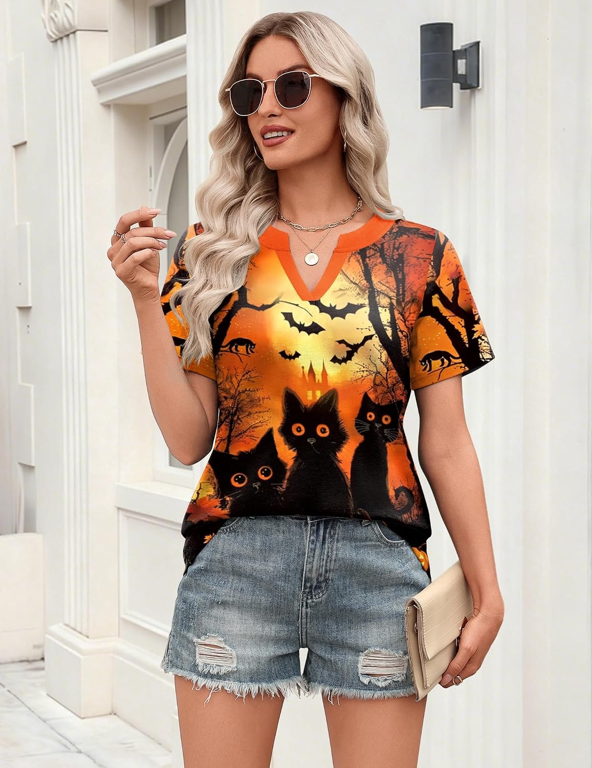 image:imageZeagoo Womens Tops Short Sleeve V Neck Tee Shirts Cute Dressy CasualHalloween Orange Cat Ws88