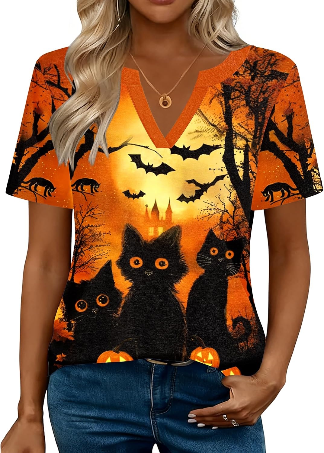 image:imageZeagoo Womens Tops Short Sleeve V Neck Tee Shirts Cute Dressy CasualHalloween Orange Cat Ws88