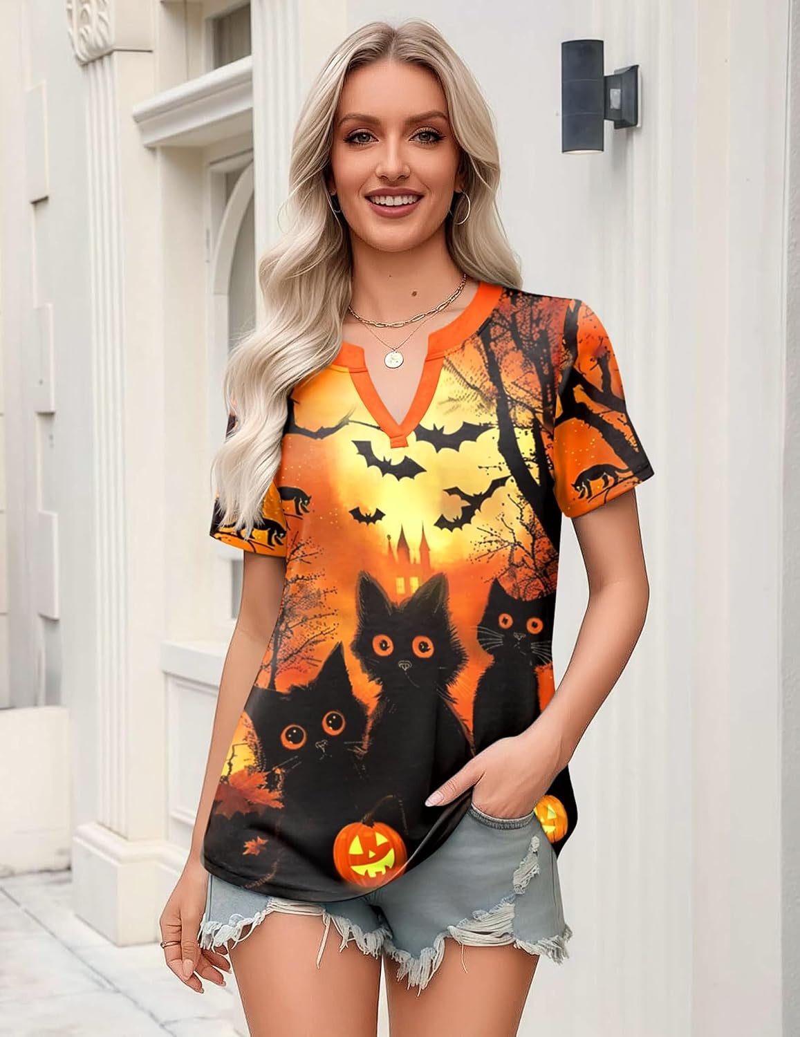 image:imageZeagoo Womens Tops Short Sleeve V Neck Tee Shirts Cute Dressy CasualHalloween Orange Cat Ws88
