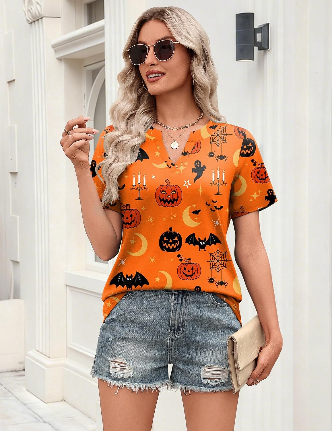 image:imageZeagoo Womens Tops Short Sleeve V Neck Tee Shirts Cute Dressy CasualHalloween Orange Pumpkins Ws85