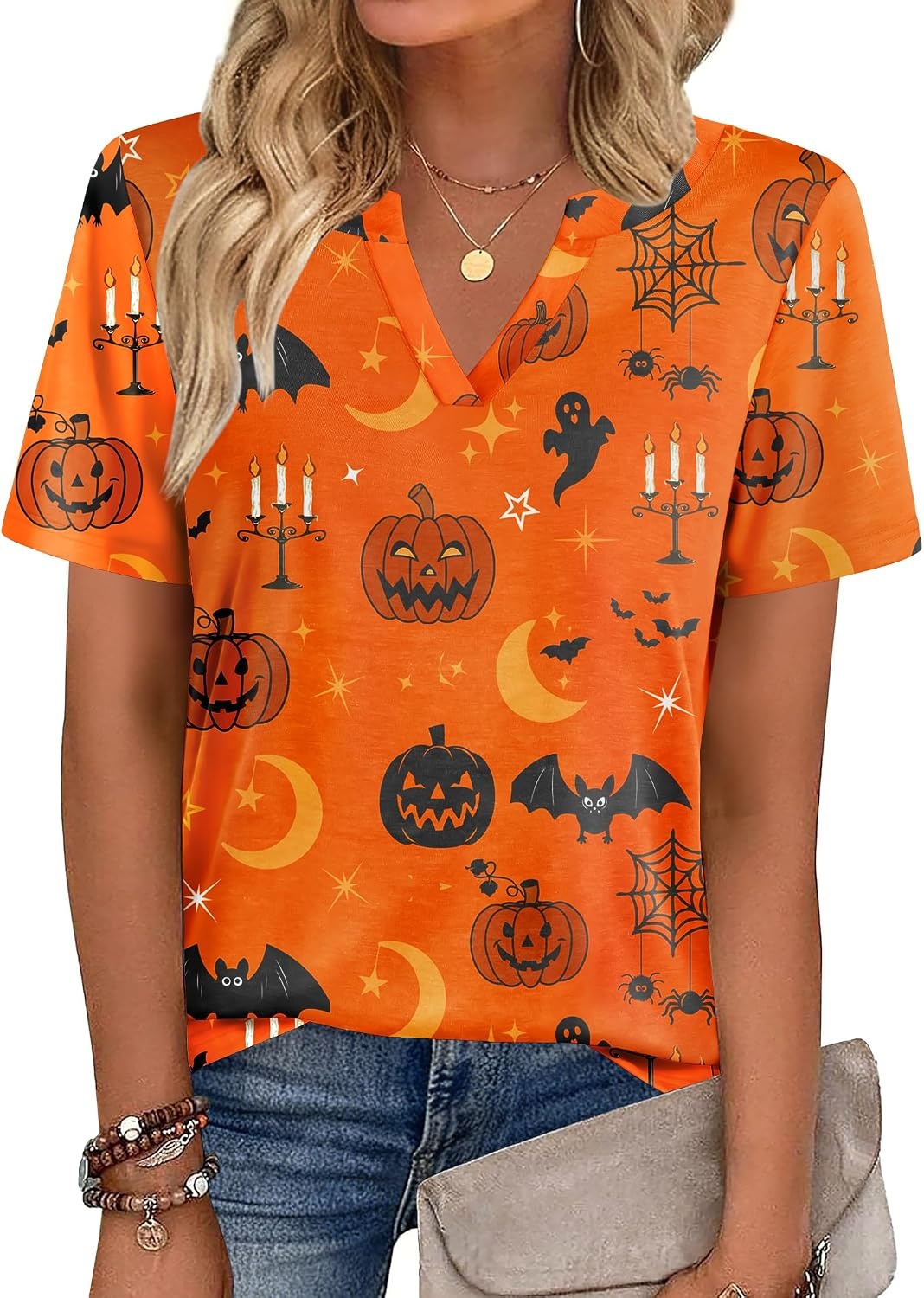 image:imageZeagoo Womens Tops Short Sleeve V Neck Tee Shirts Cute Dressy CasualHalloween Orange Pumpkins Ws85