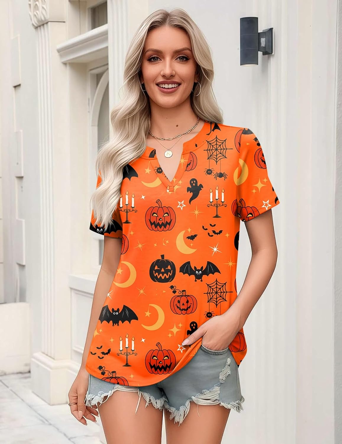 image:imageZeagoo Womens Tops Short Sleeve V Neck Tee Shirts Cute Dressy CasualHalloween Orange Pumpkins Ws85