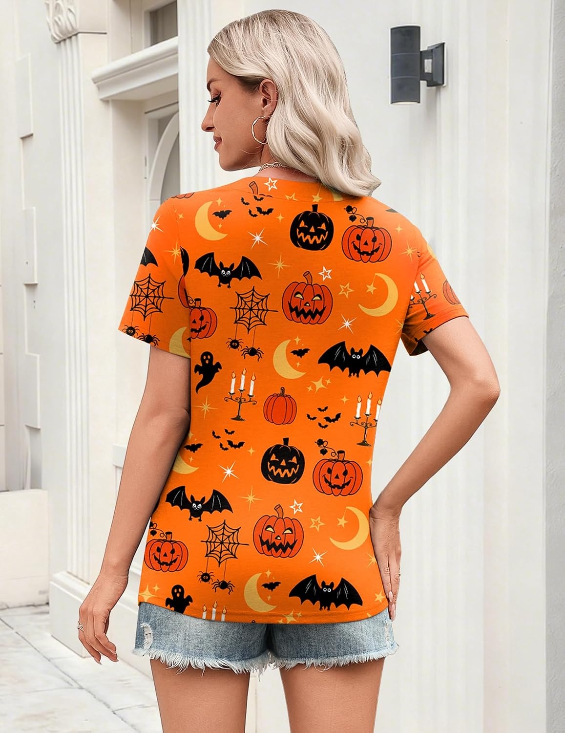 image:imageZeagoo Womens Tops Short Sleeve V Neck Tee Shirts Cute Dressy CasualHalloween Orange Pumpkins Ws85
