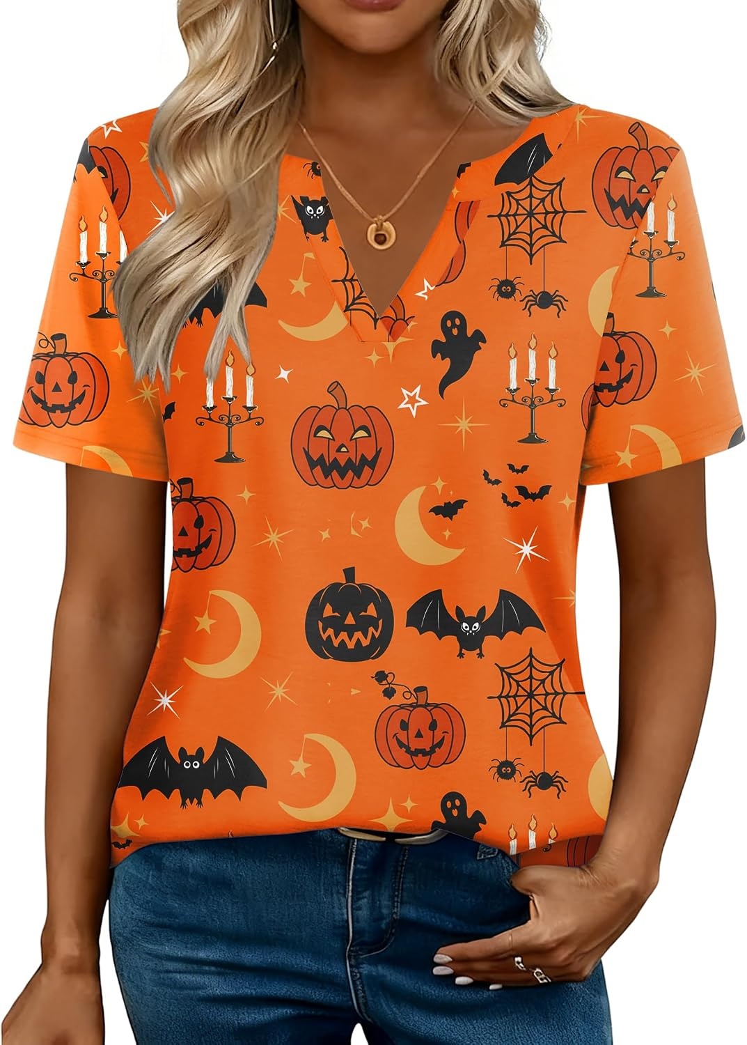 image:imageZeagoo Womens Tops Short Sleeve V Neck Tee Shirts Cute Dressy CasualHalloween Orange Pumpkins Ws85