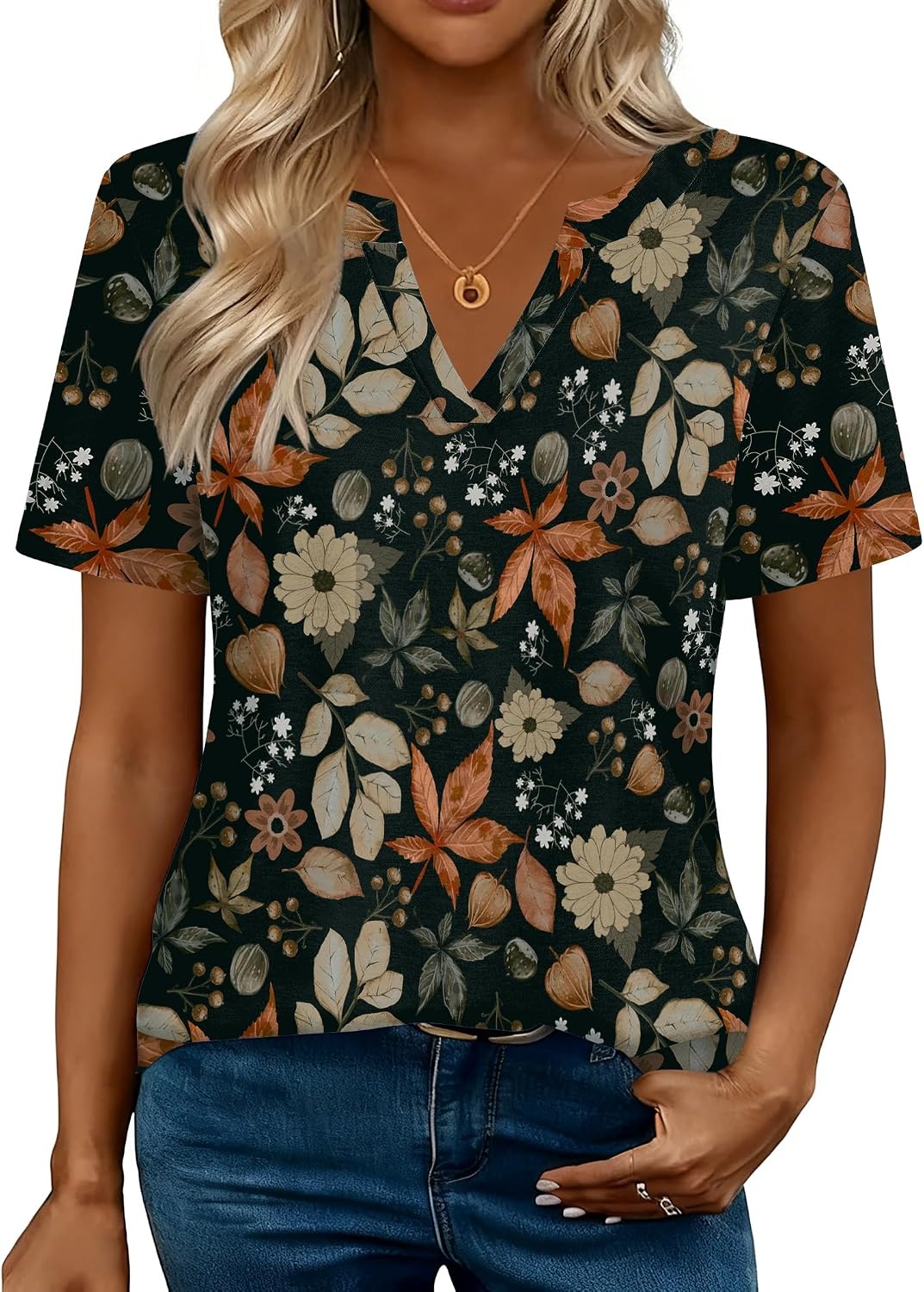 image:imageZeagoo Womens Tops Short Sleeve V Neck Tee Shirts Cute Dressy CasualMaple Leaf Wf157
