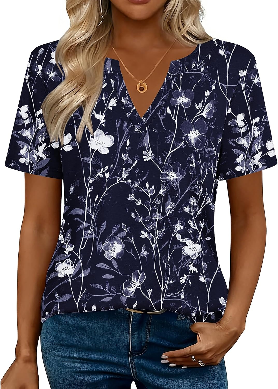 image:imageZeagoo Womens Tops Short Sleeve V Neck Tee Shirts Cute Dressy CasualNavy Floral Sf180