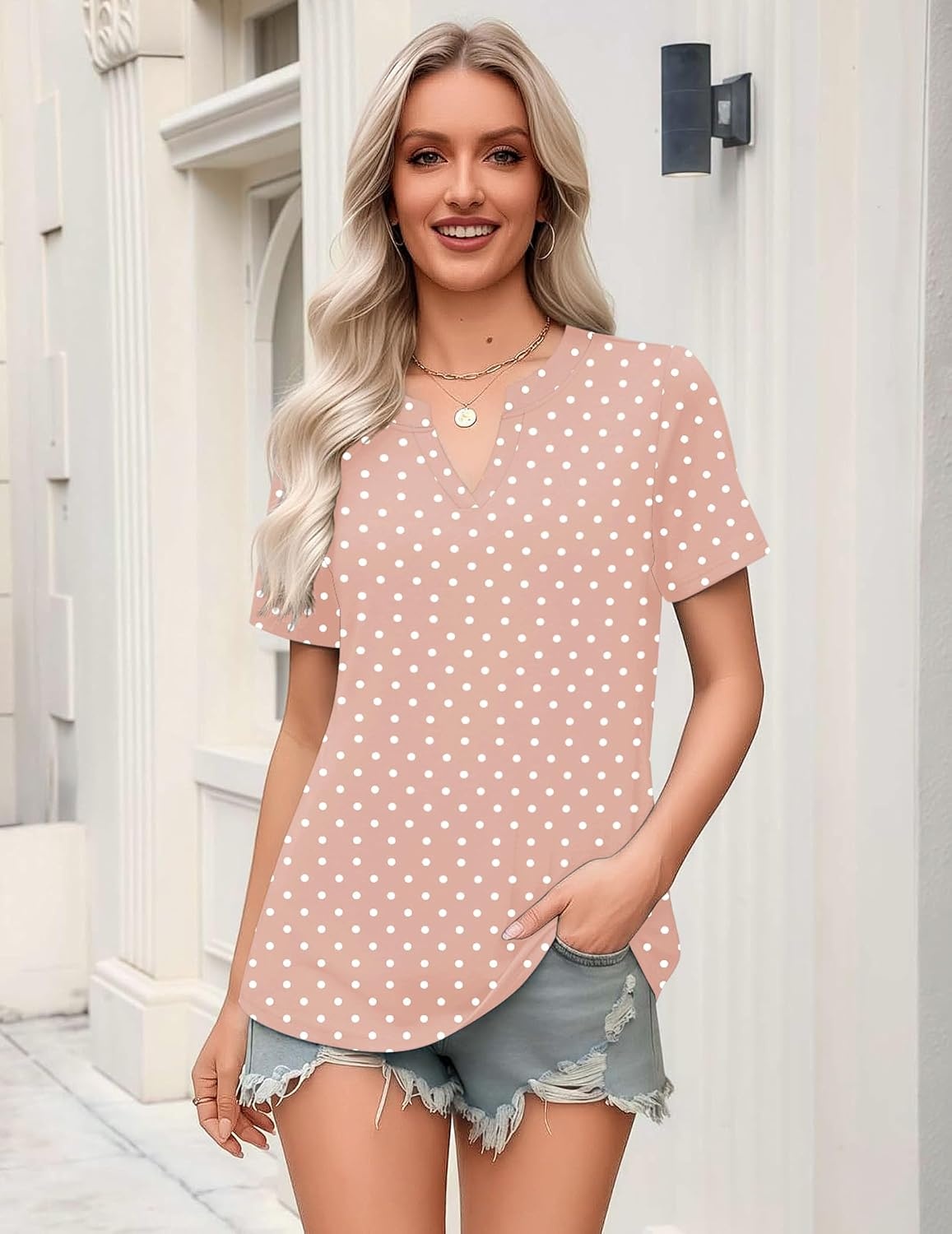 image:imageZeagoo Womens Tops Short Sleeve V Neck Tee Shirts Cute Dressy CasualPink Polka Dots Jh1