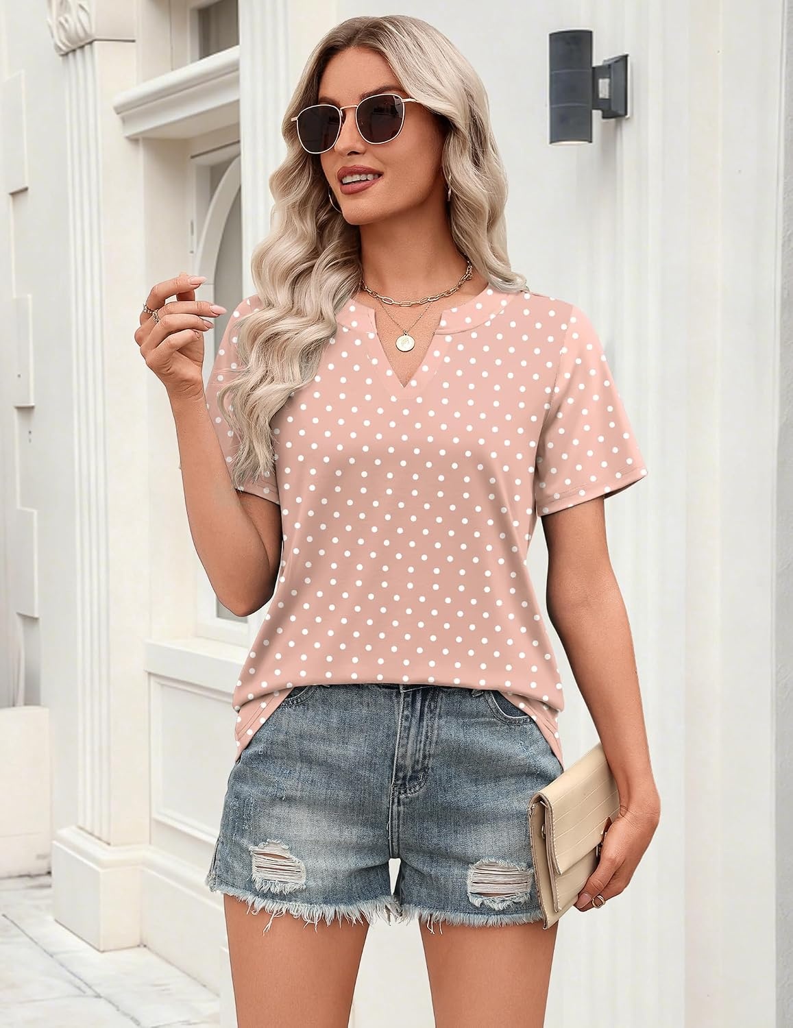 image:imageZeagoo Womens Tops Short Sleeve V Neck Tee Shirts Cute Dressy CasualPink Polka Dots Jh1