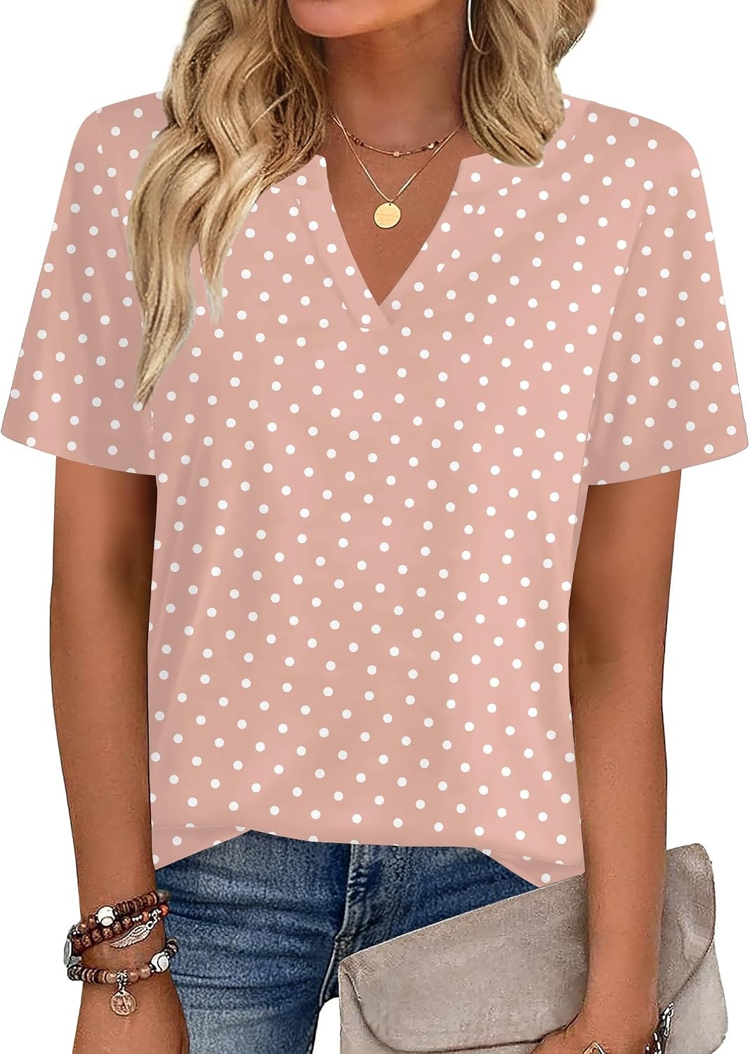 image:imageZeagoo Womens Tops Short Sleeve V Neck Tee Shirts Cute Dressy CasualPink Polka Dots Jh1