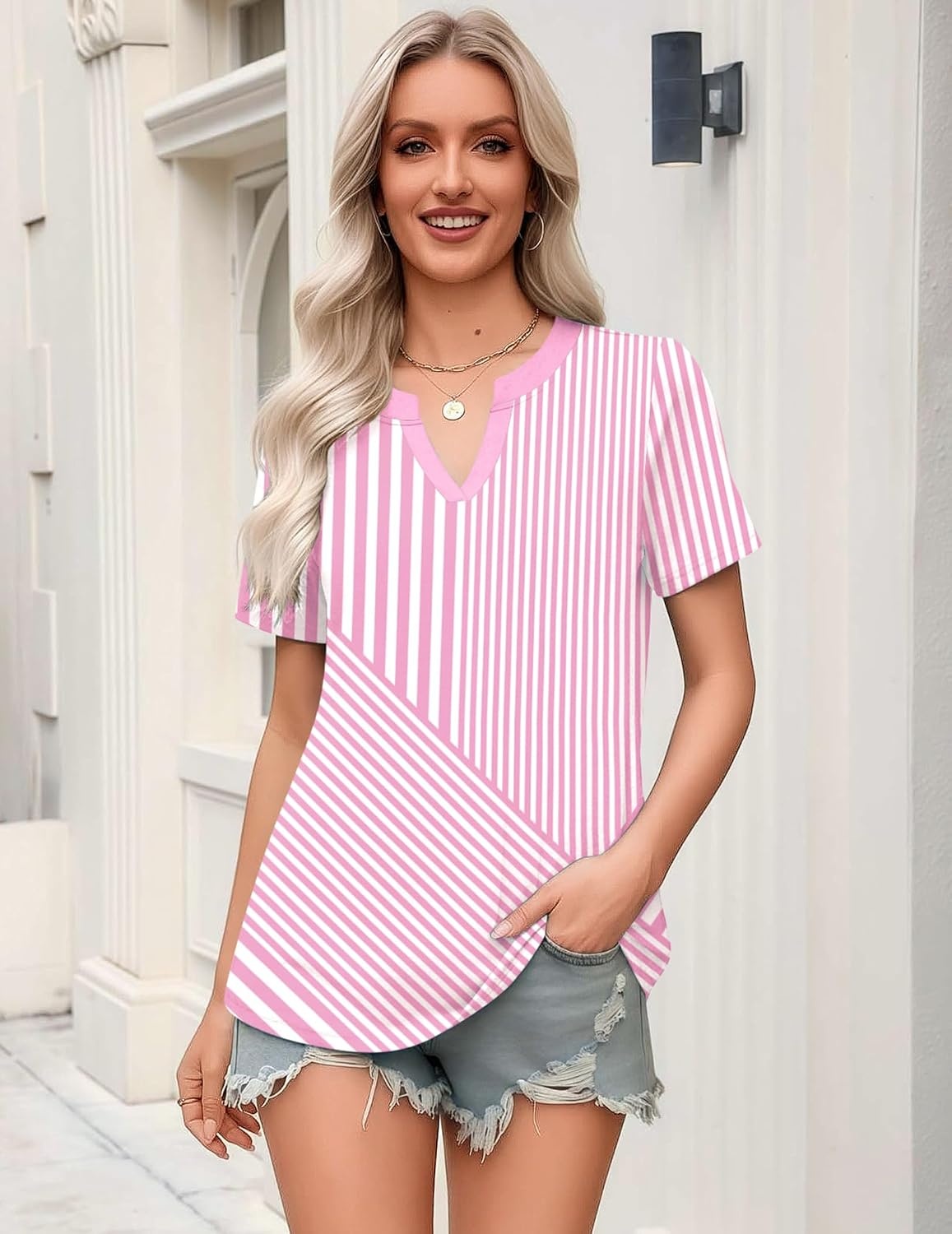 image:imageZeagoo Womens Tops Short Sleeve V Neck Tee Shirts Cute Dressy CasualPink and White Stripes Tz300