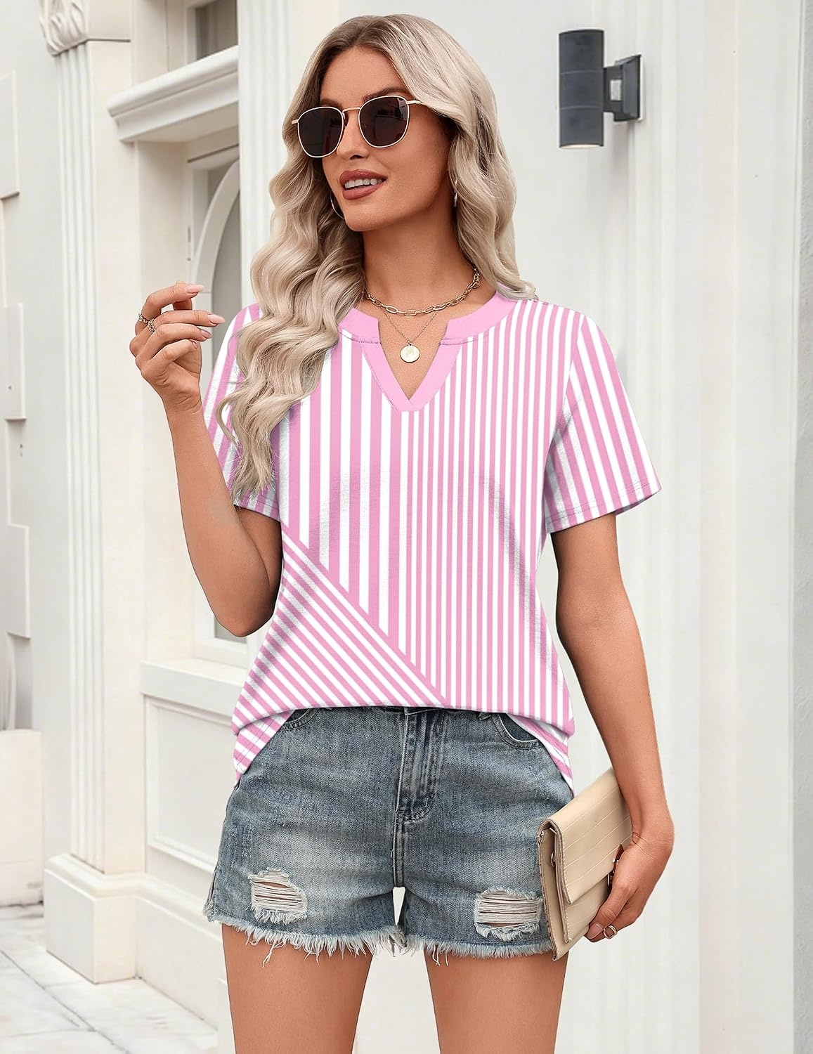 image:imageZeagoo Womens Tops Short Sleeve V Neck Tee Shirts Cute Dressy CasualPink and White Stripes Tz300