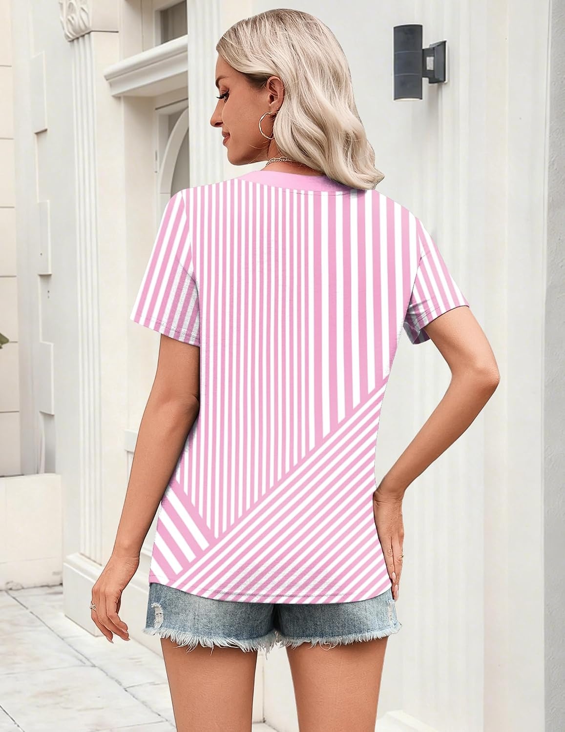 image:imageZeagoo Womens Tops Short Sleeve V Neck Tee Shirts Cute Dressy CasualPink and White Stripes Tz300