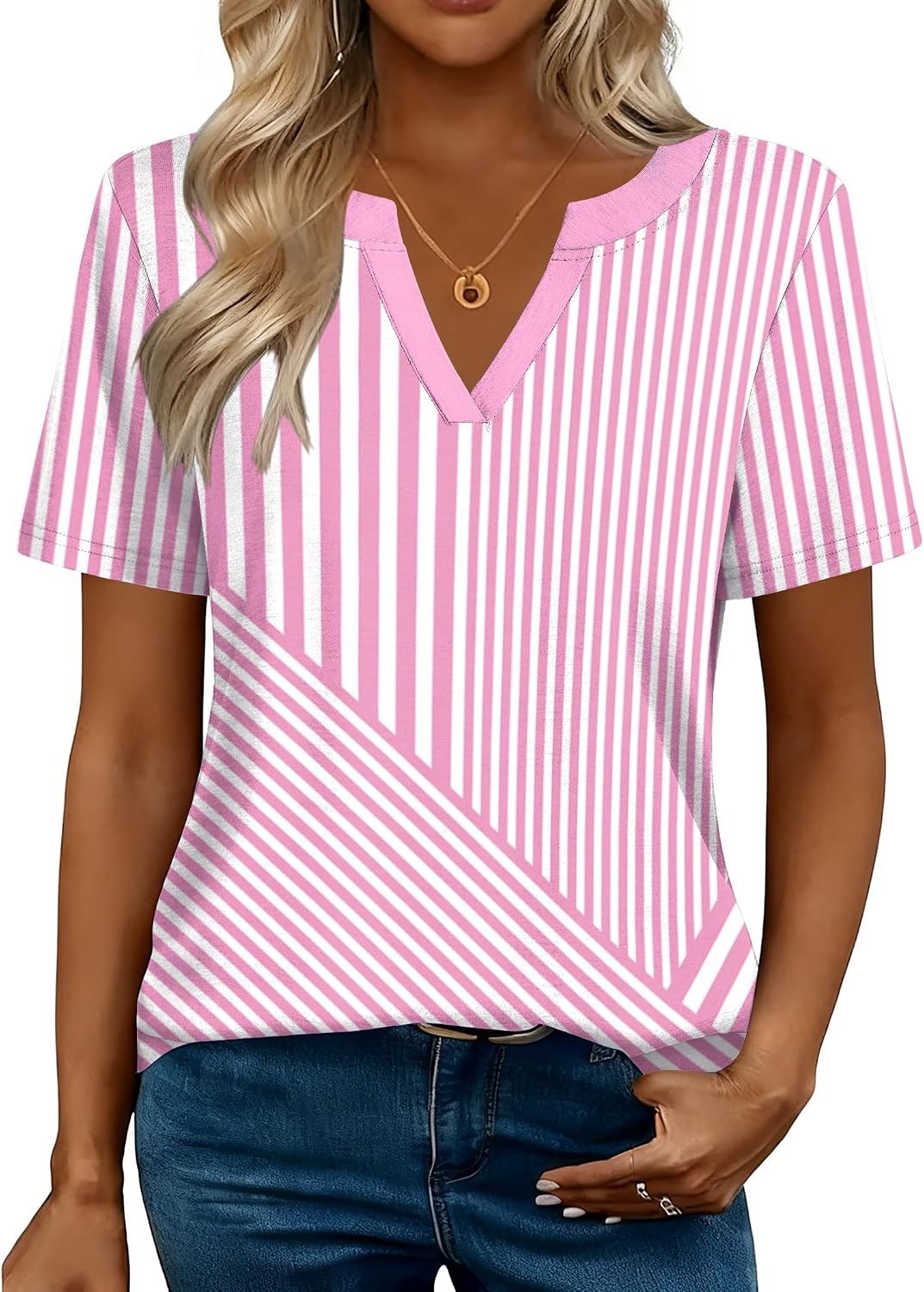 image:imageZeagoo Womens Tops Short Sleeve V Neck Tee Shirts Cute Dressy CasualPink and White Stripes Tz300