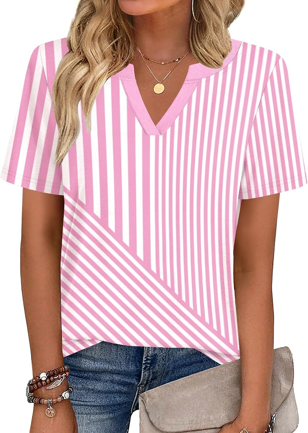 image:imageZeagoo Womens Tops Short Sleeve V Neck Tee Shirts Cute Dressy CasualPink and White Stripes Tz300