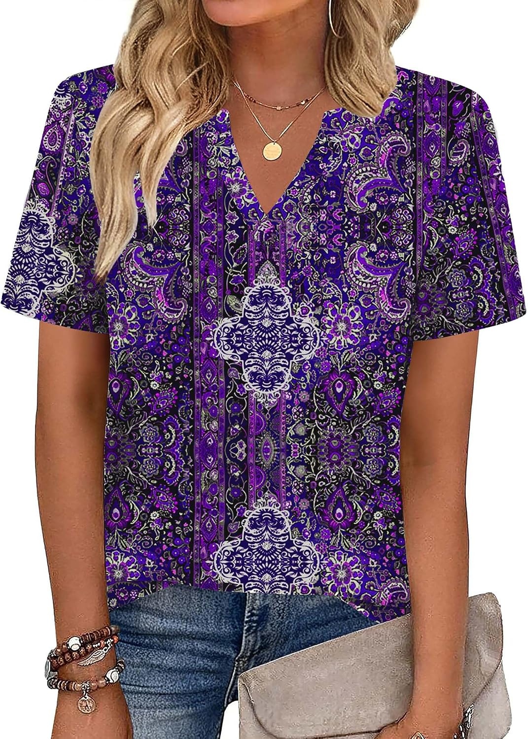 image:imageZeagoo Womens Tops Short Sleeve V Neck Tee Shirts Cute Dressy CasualPurple Boho Mz907