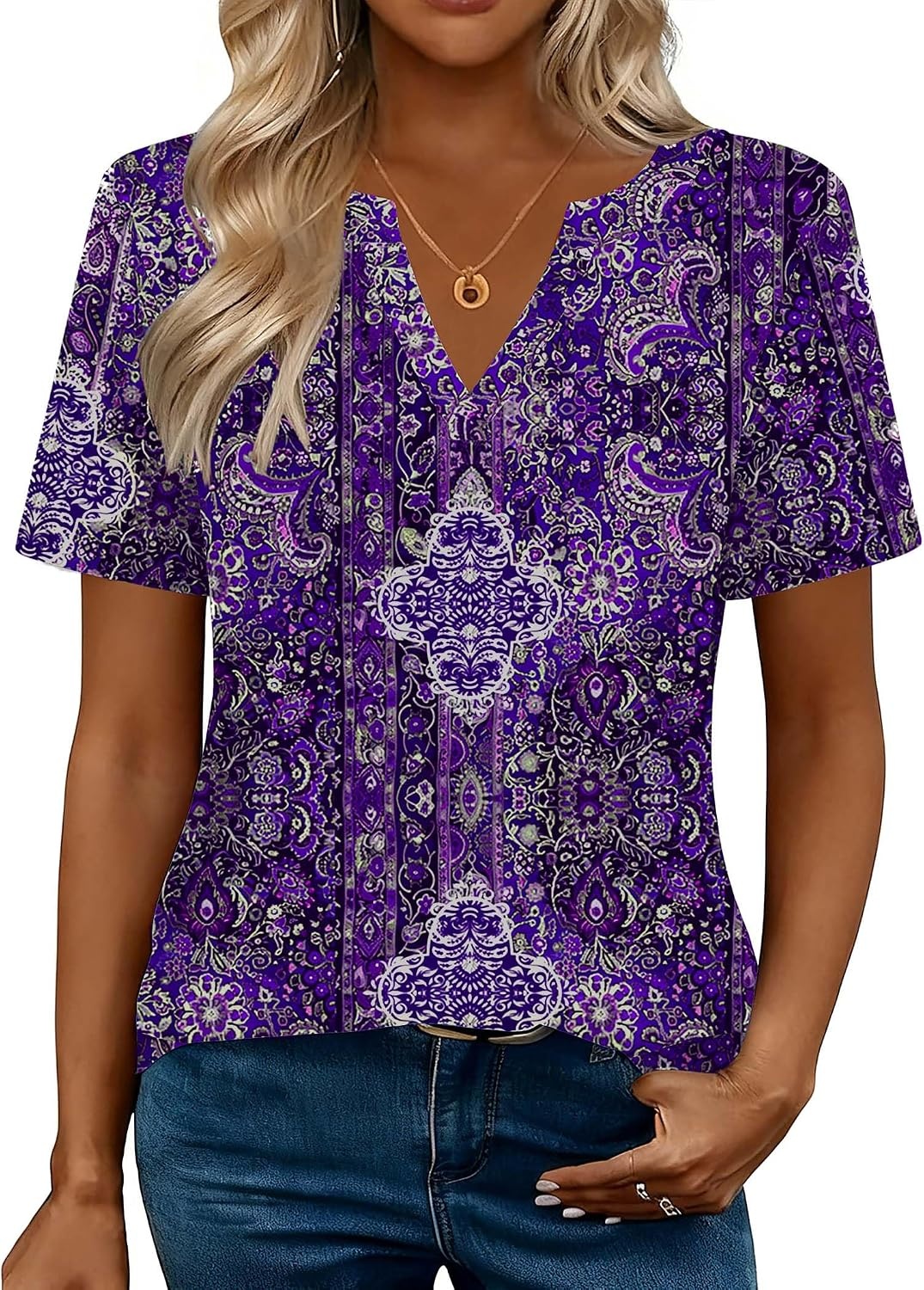 image:imageZeagoo Womens Tops Short Sleeve V Neck Tee Shirts Cute Dressy CasualPurple Boho Mz907