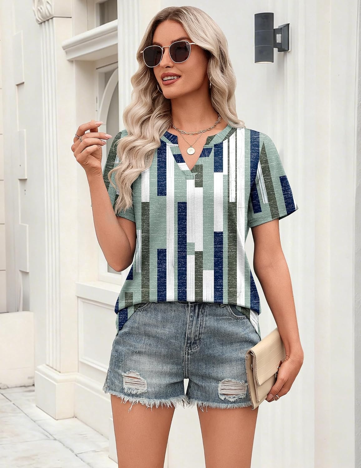image:imageZeagoo Womens Tops Short Sleeve V Neck Tee Shirts Cute Dressy CasualStripes Jh530