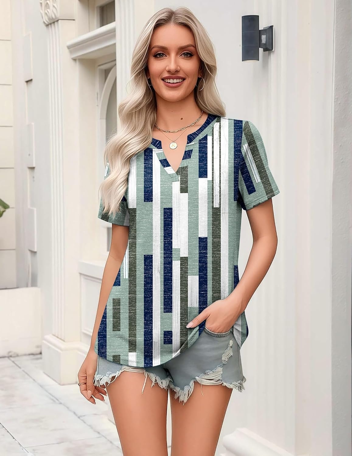 image:imageZeagoo Womens Tops Short Sleeve V Neck Tee Shirts Cute Dressy CasualStripes Jh530