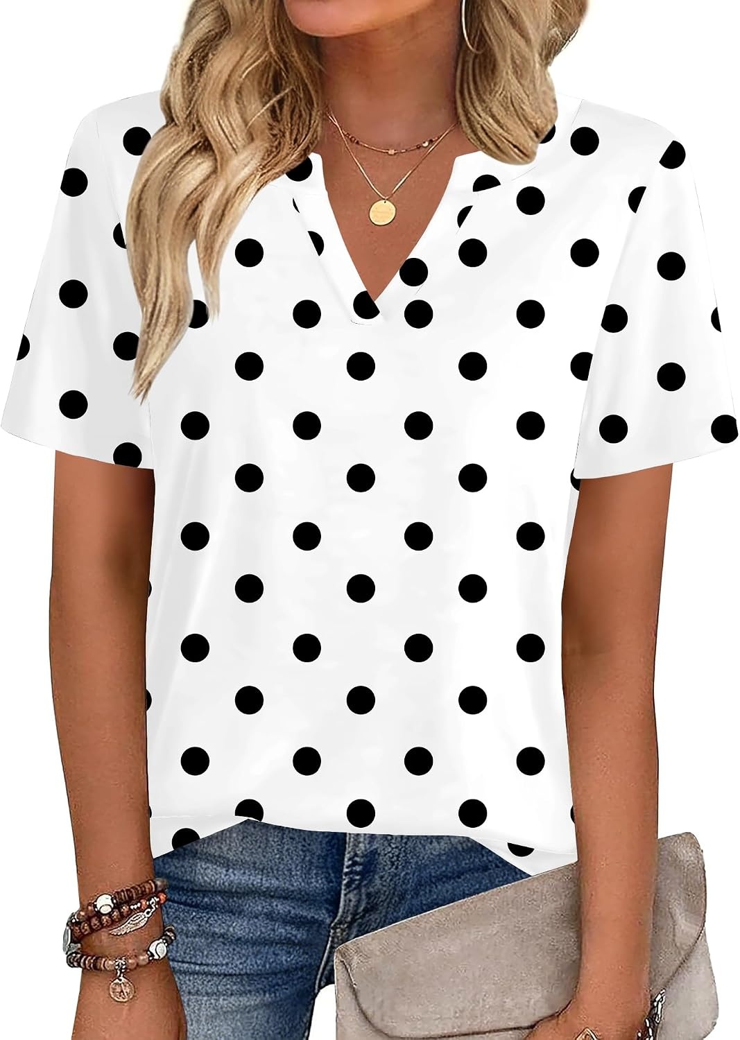 image:imageZeagoo Womens Tops Short Sleeve V Neck Tee Shirts Cute Dressy CasualWhite Polka Dots Jh592