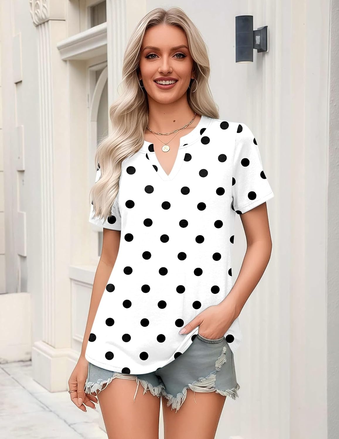 image:imageZeagoo Womens Tops Short Sleeve V Neck Tee Shirts Cute Dressy CasualWhite Polka Dots Jh592