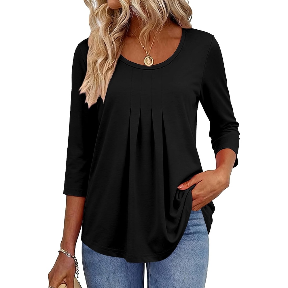 image:imageZeagoo 34 Sleeve Tops for Women Crew Neck Blouses Pleated Casual Shirts Fall Work Clothes 2026Black