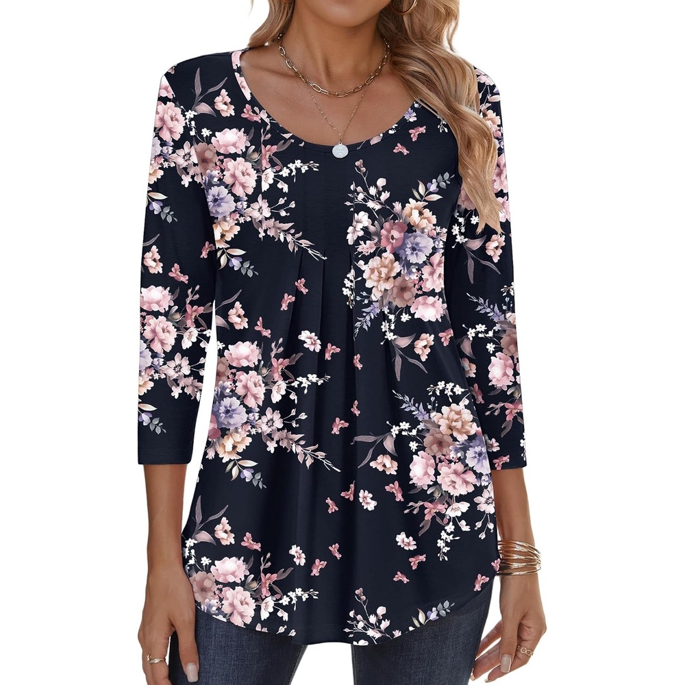 image:imageZeagoo 34 Sleeve Tops for Women Crew Neck Blouses Pleated Casual Shirts Fall Work Clothes 2026Black Floral