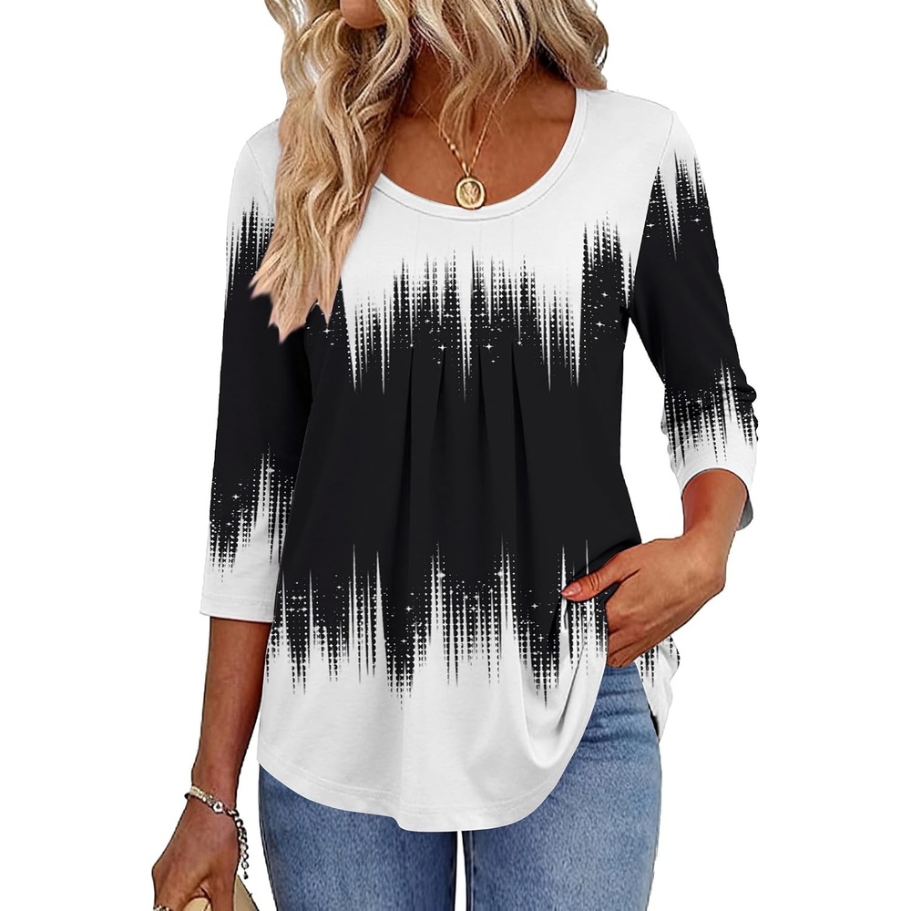 image:imageZeagoo 34 Sleeve Tops for Women Crew Neck Blouses Pleated Casual Shirts Fall Work Clothes 2026Black White 1